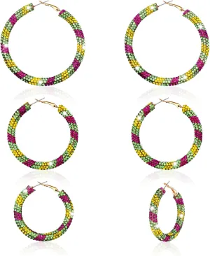 3 Pairs Crystal Hoop Earrings Festive Halloween Christmas Rhinestone Earrings Patriotic Independence Day Earrings Large Medium and Small Hoop Earring for Women