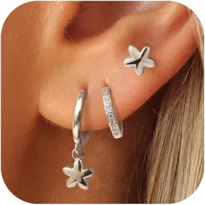 3 Pairs Gold Hoop Earrings Set Trendy Gold Plated Charm Earrings Stacks for Women CZ Butterfly Bow Stud Hoop Charm Huggie Earrings for Multiple Piercing Hypoallergenic