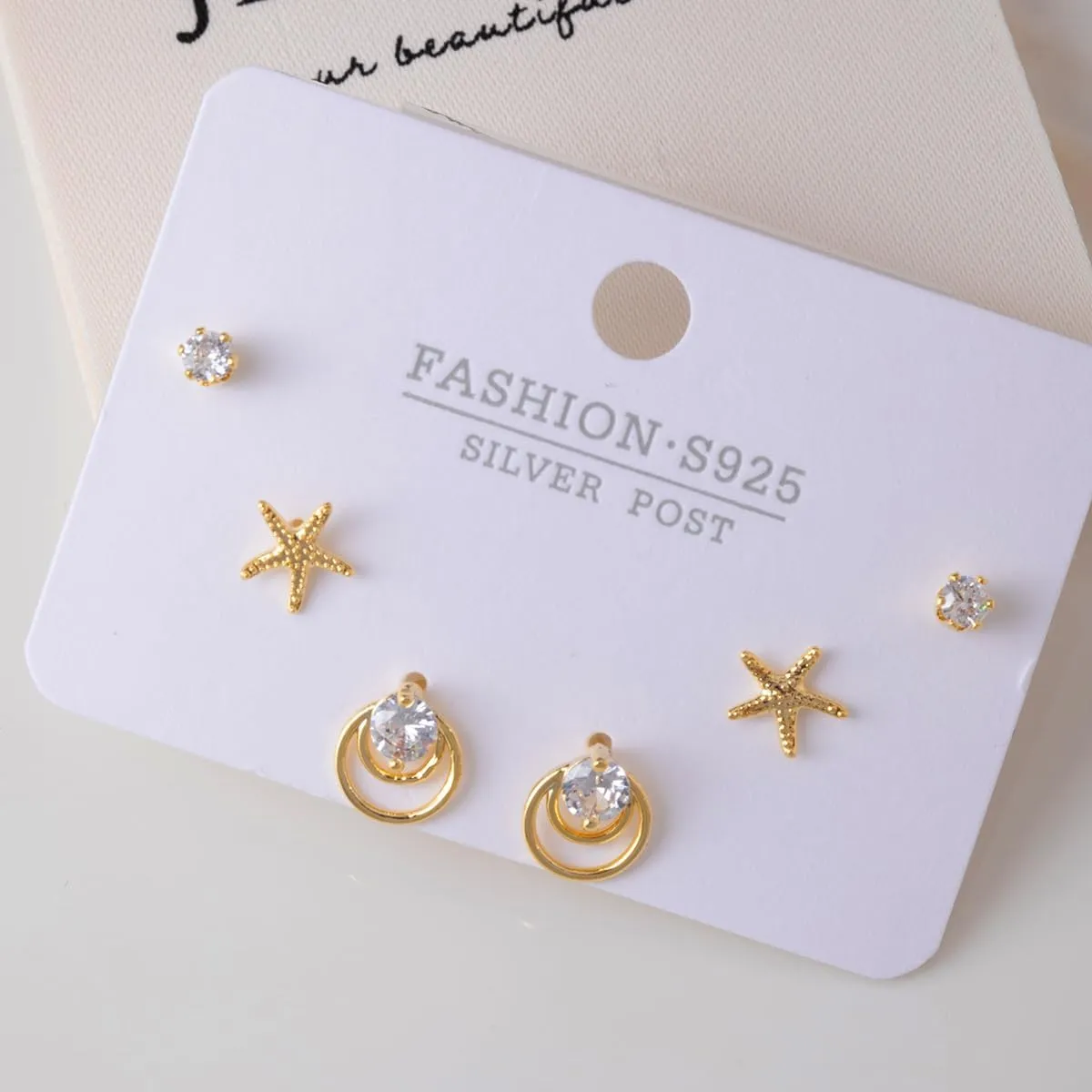 3 Pairs Small Gold Stud Earrings Sets For Women 14K Gold Plated 925 Sterling Silver Post Trendy Starfish Earrings Bow Earrings Cubic Zirconia Earrings Cute Jewelry