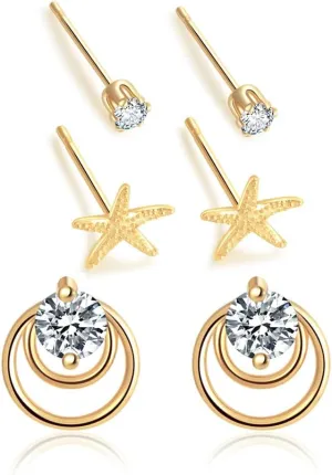 3 Pairs Small Gold Stud Earrings Sets For Women 14K Gold Plated 925 Sterling Silver Post Trendy Starfish Earrings Bow Earrings Cubic Zirconia Earrings Cute Jewelry