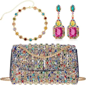 3 Pcs Colorful Rhinestone Clutch and Jewelry Set for Women-Sparkling Evening Purse, Dangling Drop Earring, Necklace