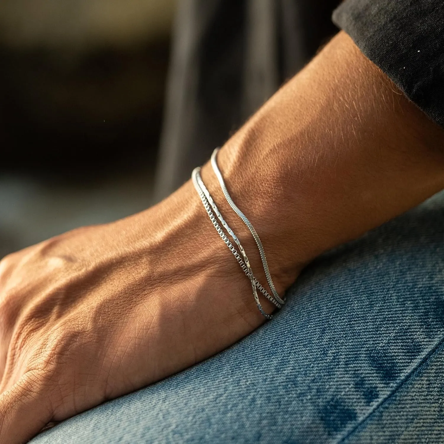3 Pcs Mens Bracelet - Dainty Gold/Silver Chain Bracelet Stack 14K Gold Plated Silver Bracelets for Men Stainless Steel Adjustable Bracelet Gold/Silver Snake Jewelry Set to Men Dad