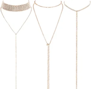 3 Pieces Layered Necklace Rhinestone Layered Double Crystal Fashion Multilayered Long Choker Necklaces Rhinestone Jewelry Choker Chains for Women and Girls