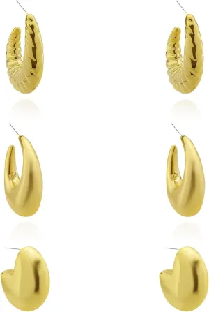 3Pairs Gold Hoop Earrings Set for Women Chunky Gold earrings Teardrop Earrings for Women Open Hoops Dangle Stud Earrings Pack Hypoallergenic Earrings for Birthday Party Jewelry