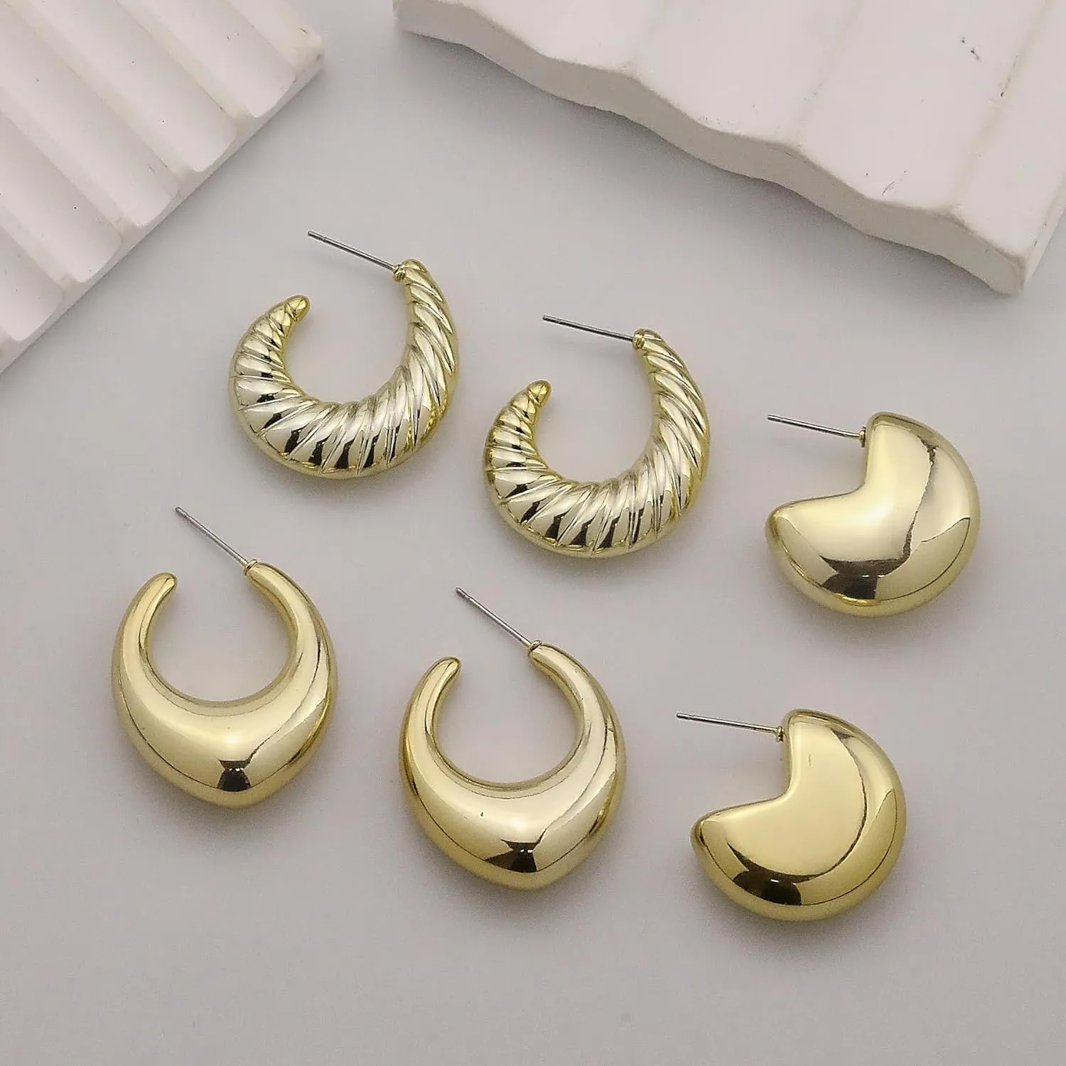 3Pairs Gold Hoop Earrings Set for Women Chunky Gold earrings Teardrop Earrings for Women Open Hoops Dangle Stud Earrings Pack Hypoallergenic Earrings for Birthday Party Jewelry
