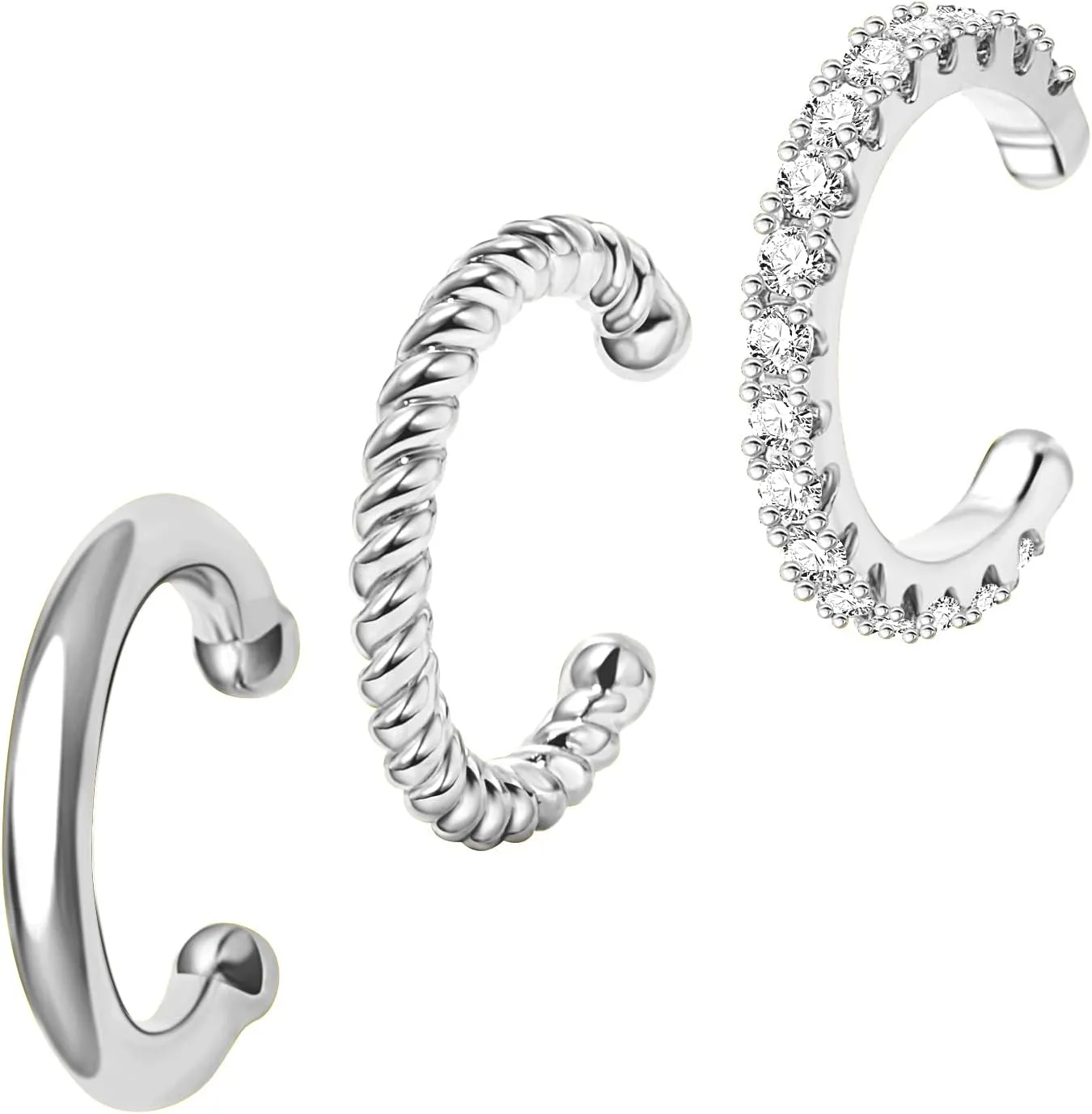3Pcs 14K Gold Plated Cubic Zirconia Ear Cuffs for Non Pierced Ears Women, Hypoallergenic Sparkling Round Huggie Cartilage Earring Jewelry Gifts