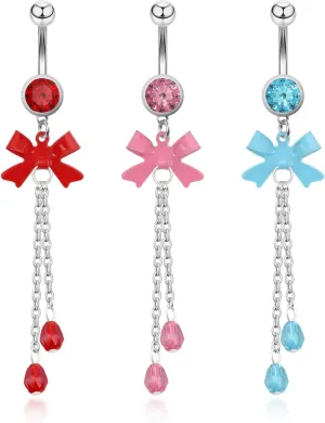3Pcs Bow Belly Button Ring with Dangling Chains, 14G Belly Rings Dangle Navel Piercing Jewelry - Surgical Stainless Steel with 3 Colors