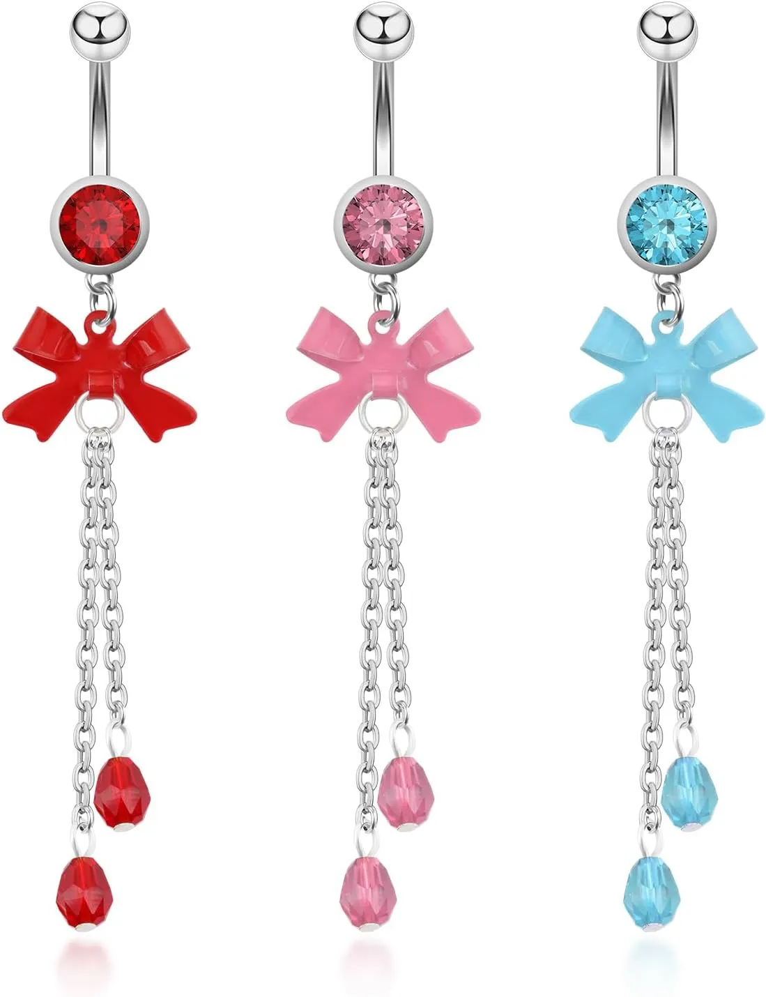 3Pcs Bow Belly Button Ring with Dangling Chains, 14G Belly Rings Dangle Navel Piercing Jewelry - Surgical Stainless Steel with 3 Colors