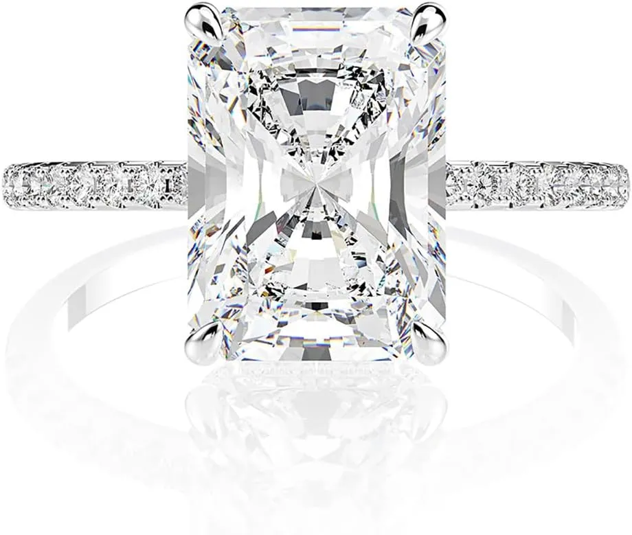 4 Carat D Color VVS1 Lab Created Diamond Rings, Engagement Rings for Women, Platinum Plated Sterling Silver Wedding Promise Ring, Large Simulated Diamond with Exquisite Jewelry Box
