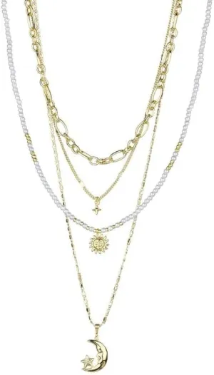 4-Layer Celestial Necklace Set for Women  Moon, Sun & Star Pendants  Gold-Tone Rhodium Plated Brass  Layered Choker & Pendant Jewelry  Gift-Ready