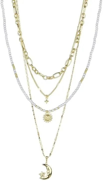 4-Layer Celestial Necklace Set for Women  Moon, Sun & Star Pendants  Gold-Tone Rhodium Plated Brass  Layered Choker & Pendant Jewelry  Gift-Ready