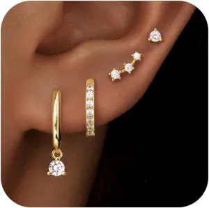 4 Pairs Stud Hoop Earrings Set for Women, Trendy Dangle Jacket Huggie Stacks for Multiple Piercing, Hypoallergenic Cartilage Jewelry Gifts