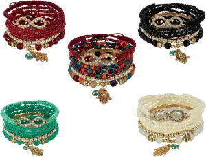 4 Sets Bohemian Stretch Beads Bracelets Multilayer Evil Eye Hamsa Hand Bracelet Boho Charms Stretch Stackable Bracelet Handmade Multicolor Crystal Beaded Lucky Protection Bangles Strand Bracelet Set