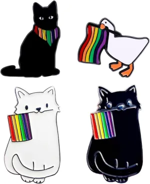 4Pcs Black and White Rainbow Cat Brooch Gay Pride Rainbow Flag Goose and Black Cat Enamel Pin