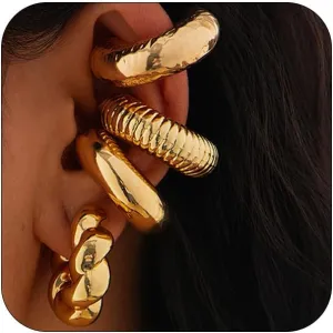 4Pcs Chunky Gold Big Ear Cuff Earrings for Women Trendy, Dainty Silver Non Piercing Clip On Cartilage Thick Large Wrap Huggie Hoop Earring Jewelry Gift