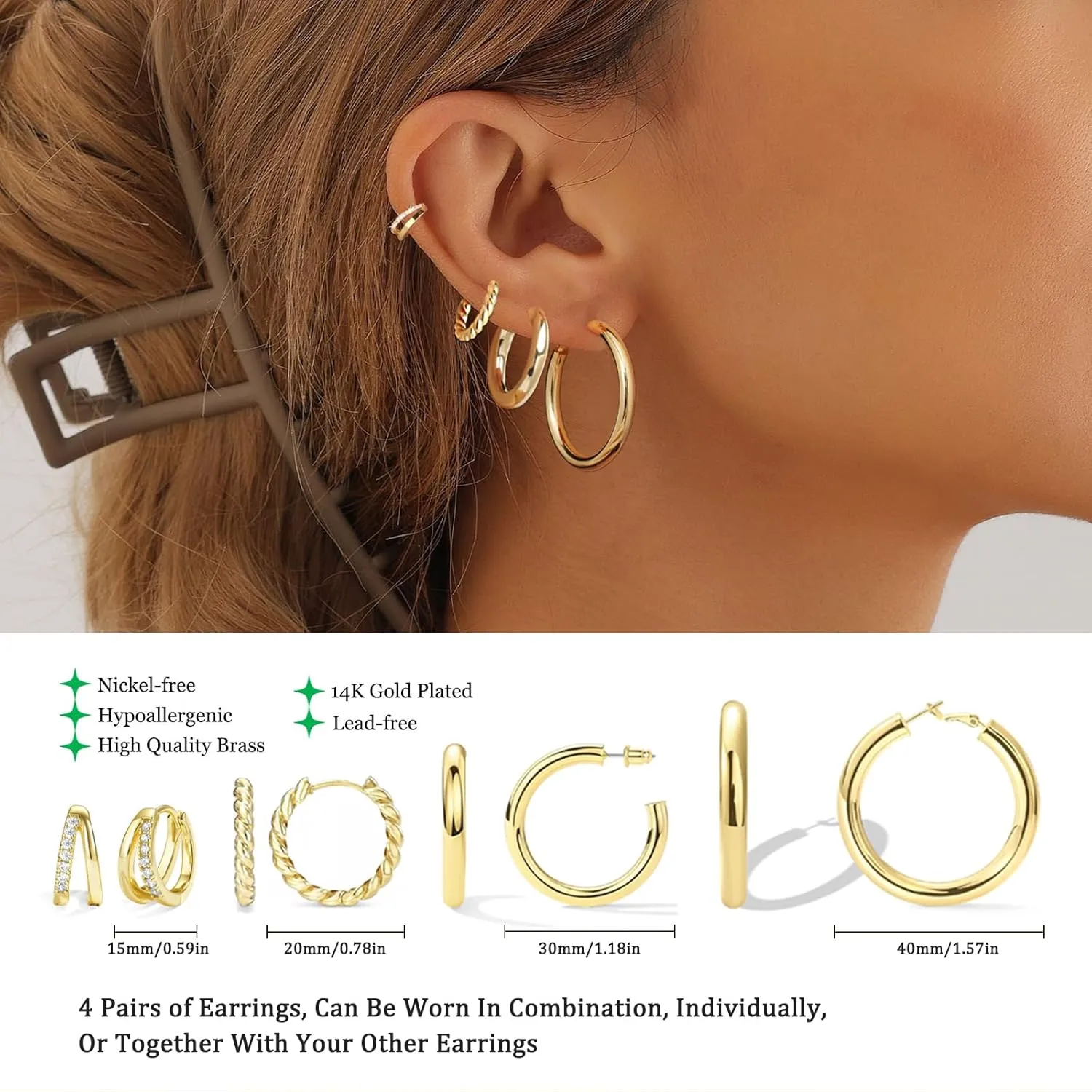 4PCS Gold Hoop Earrings for Women Trendy Set Hypoallergenic Twisted Chunky Huggie 14K Gold Plated Stainless Steel Small Hoop Earring Jewelry for Gifts