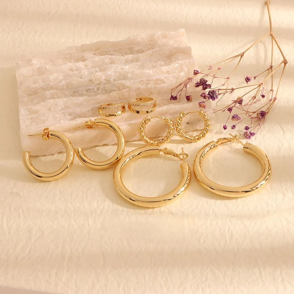4PCS Gold Hoop Earrings for Women Trendy Set Hypoallergenic Twisted Chunky Huggie 14K Gold Plated Stainless Steel Small Hoop Earring Jewelry for Gifts