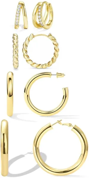 4PCS Gold Hoop Earrings for Women Trendy Set Hypoallergenic Twisted Chunky Huggie 14K Gold Plated Stainless Steel Small Hoop Earring Jewelry for Gifts