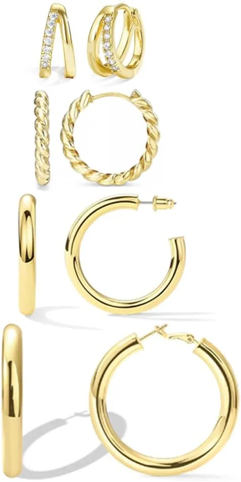 4PCS Gold Hoop Earrings for Women Trendy Set Hypoallergenic Twisted Chunky Huggie 14K Gold Plated Stainless Steel Small Hoop Earring Jewelry for Gifts
