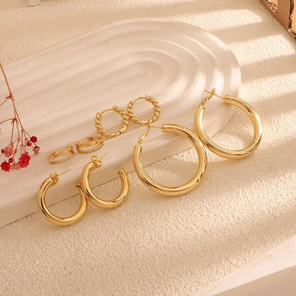 4PCS Gold Hoop Earrings Set Trendy 14K Gold Plated Twisted Chunky Huggie Hypoallergenic Stainless Steel Small Hoop Earring for Women Jewelry for Gifts