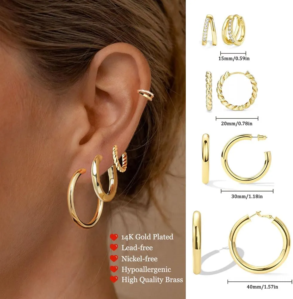 4PCS Gold Hoop Earrings Set Trendy 14K Gold Plated Twisted Chunky Huggie Hypoallergenic Stainless Steel Small Hoop Earring for Women Jewelry for Gifts