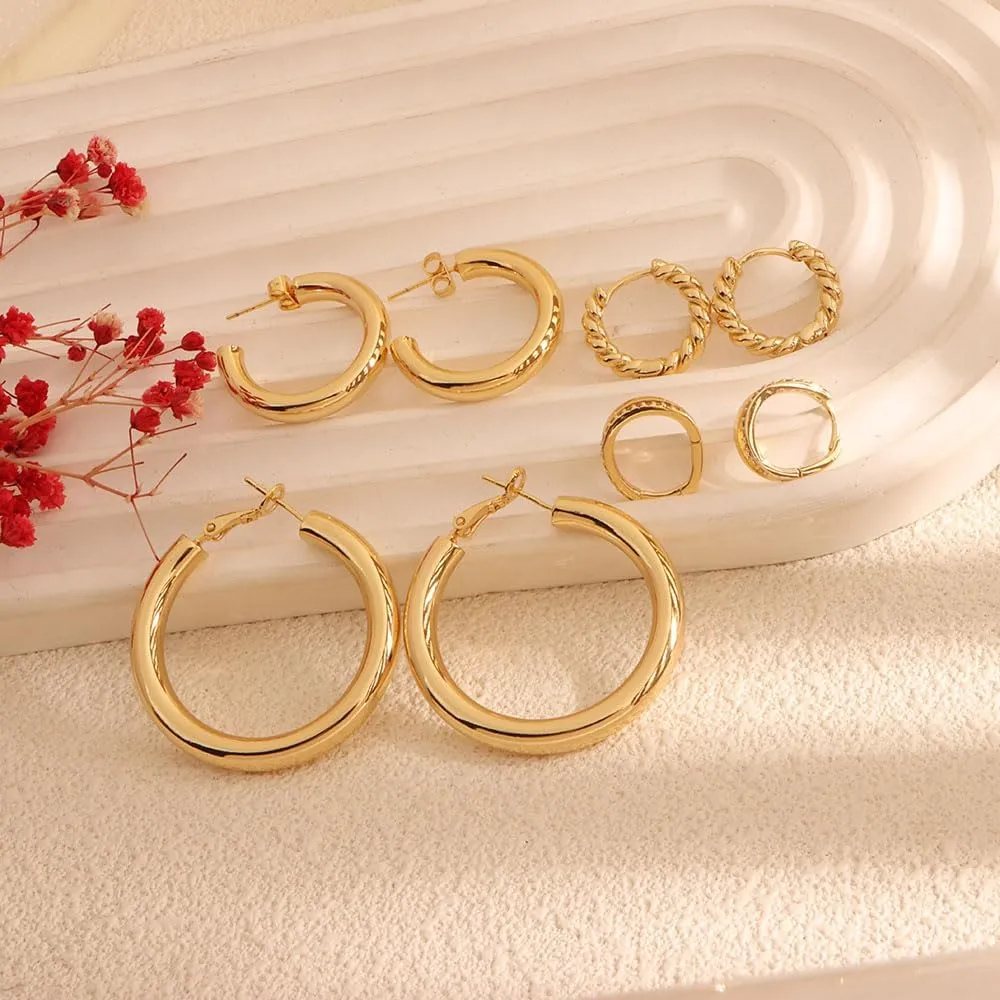 4PCS Gold Hoop Earrings Set Trendy 14K Gold Plated Twisted Chunky Huggie Hypoallergenic Stainless Steel Small Hoop Earring for Women Jewelry for Gifts