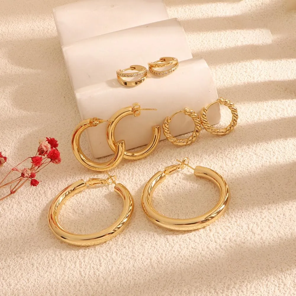 4PCS Gold Hoop Earrings Set Trendy 14K Gold Plated Twisted Chunky Huggie Hypoallergenic Stainless Steel Small Hoop Earring for Women Jewelry for Gifts
