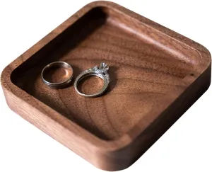 4" Walnut Wood Square Ring Tray, Wooden Jewelry Organizer Storage, Hardwood Box Dish Holder