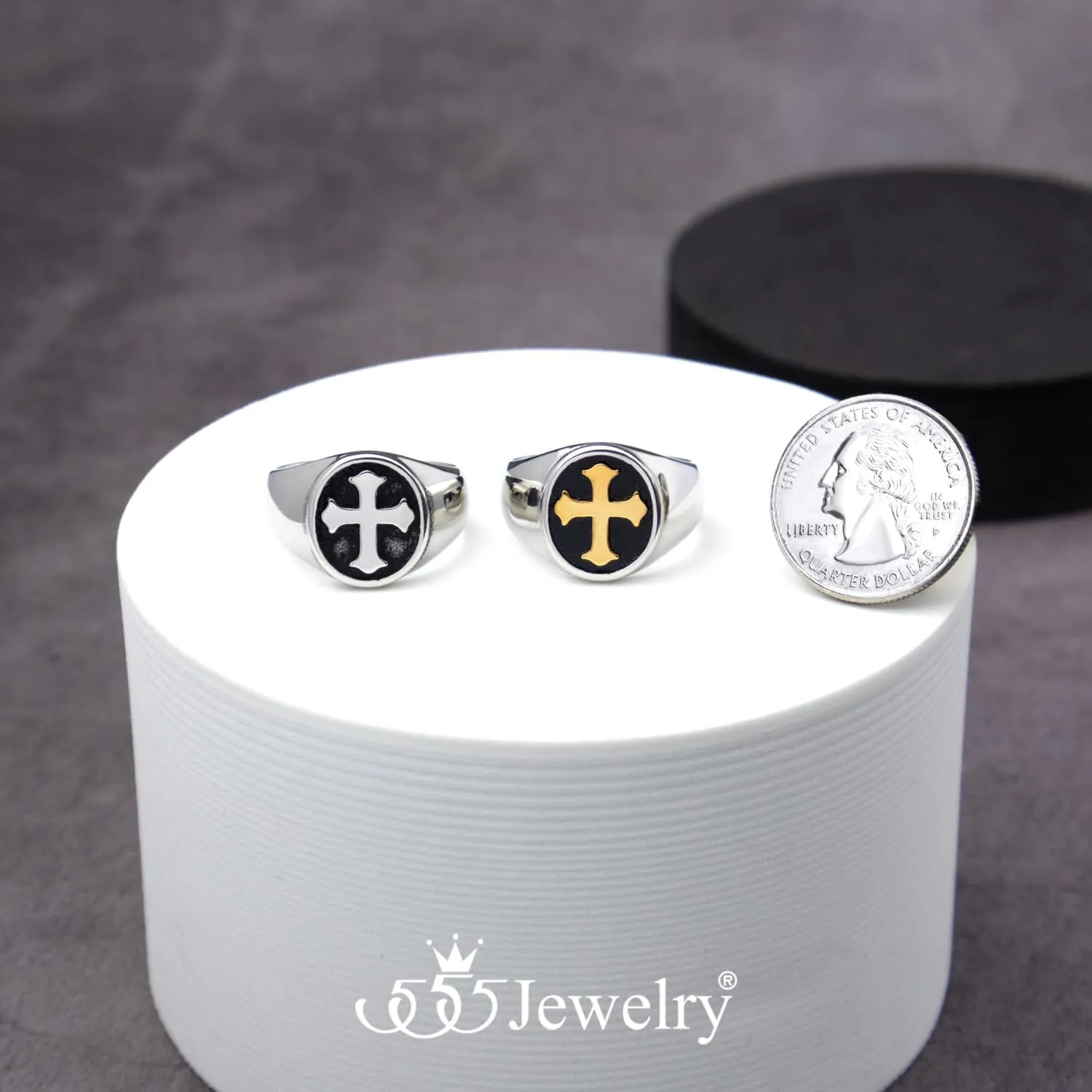 555Jewelry Stainless Steel Rings Men Holy Cross Ring for Men Black Enamel Mens Ring Christian Signet Rings for Men Pinky Thumb Religious Rings US Size 7-13