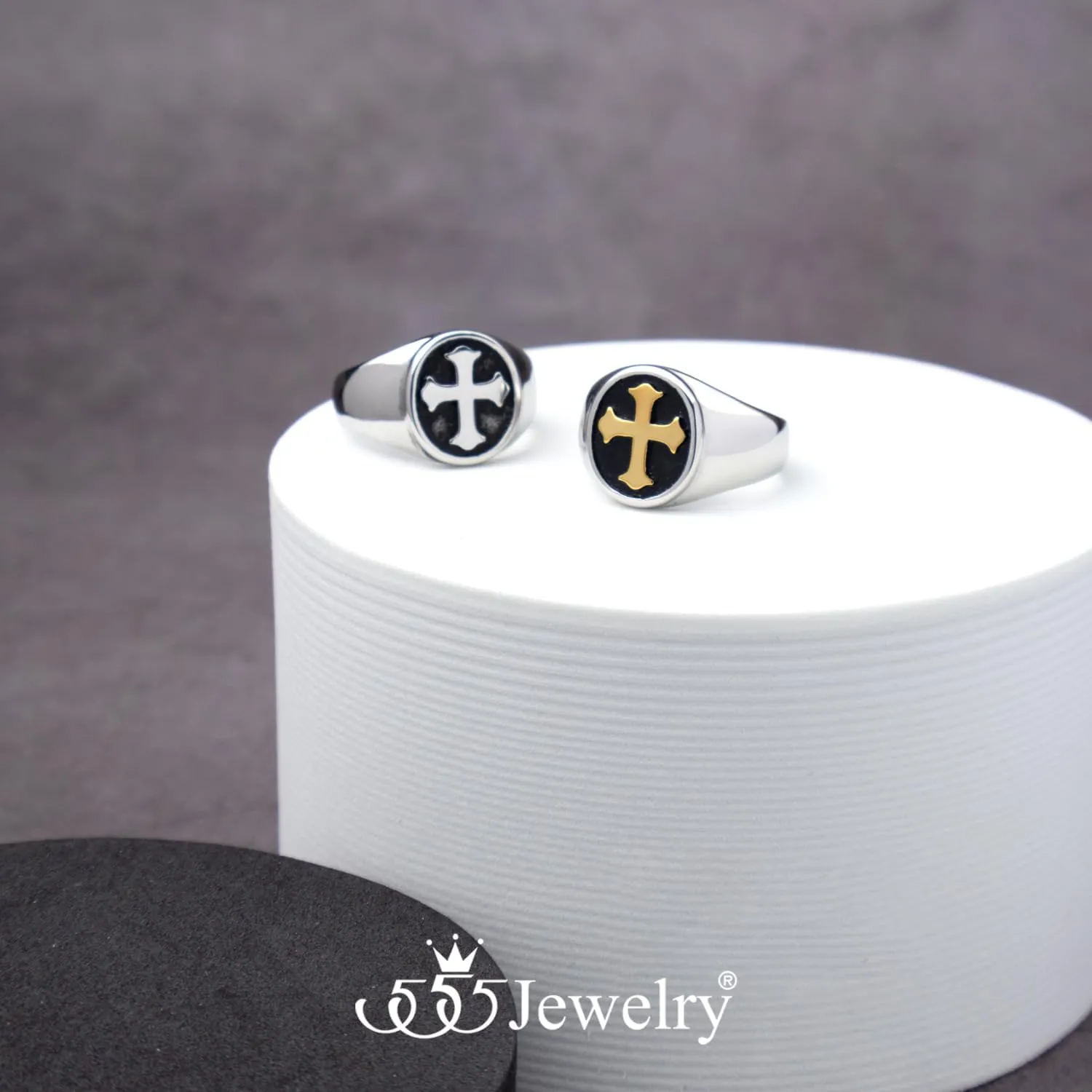 555Jewelry Stainless Steel Rings Men Holy Cross Ring for Men Black Enamel Mens Ring Christian Signet Rings for Men Pinky Thumb Religious Rings US Size 7-13