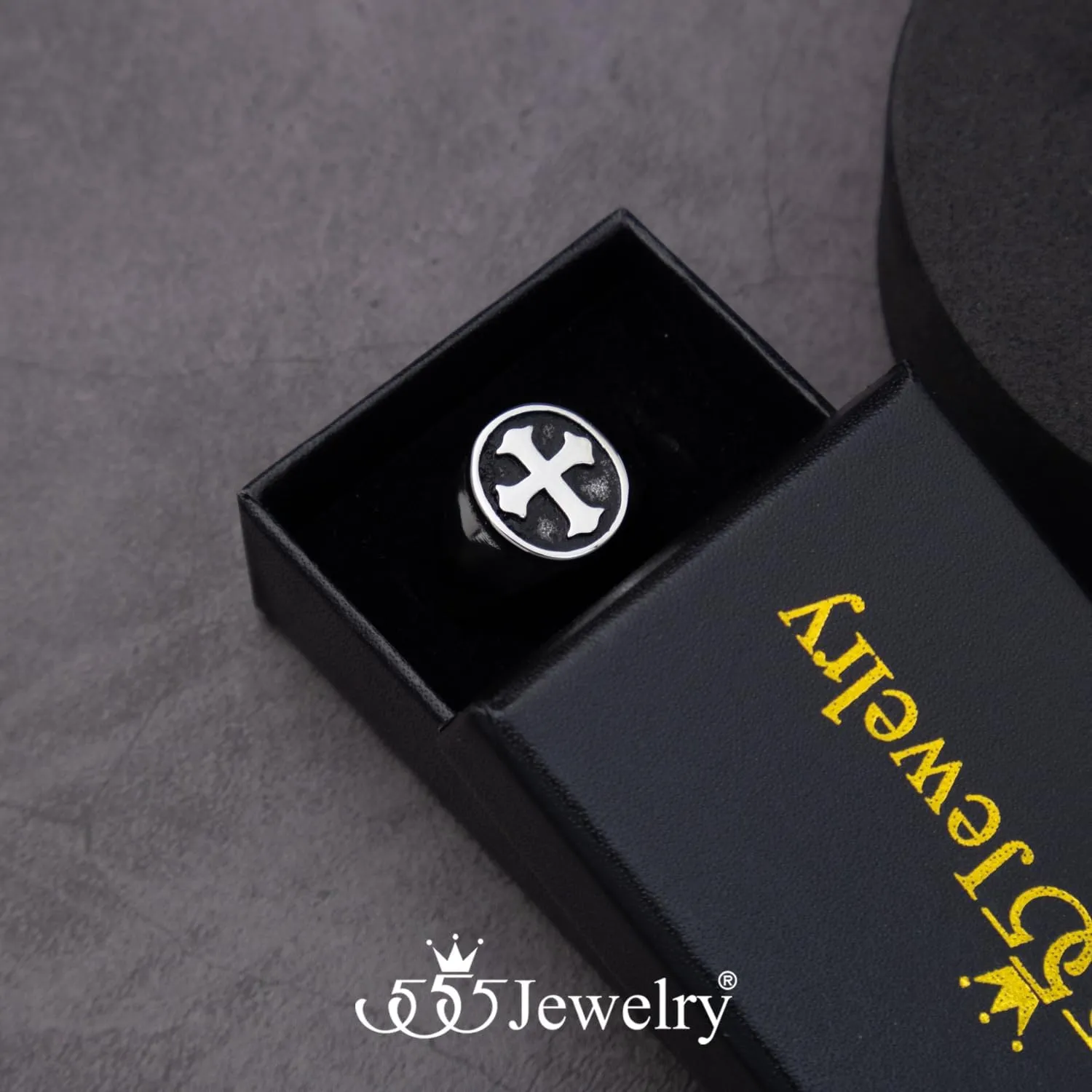 555Jewelry Stainless Steel Rings Men Holy Cross Ring for Men Black Enamel Mens Ring Christian Signet Rings for Men Pinky Thumb Religious Rings US Size 7-13