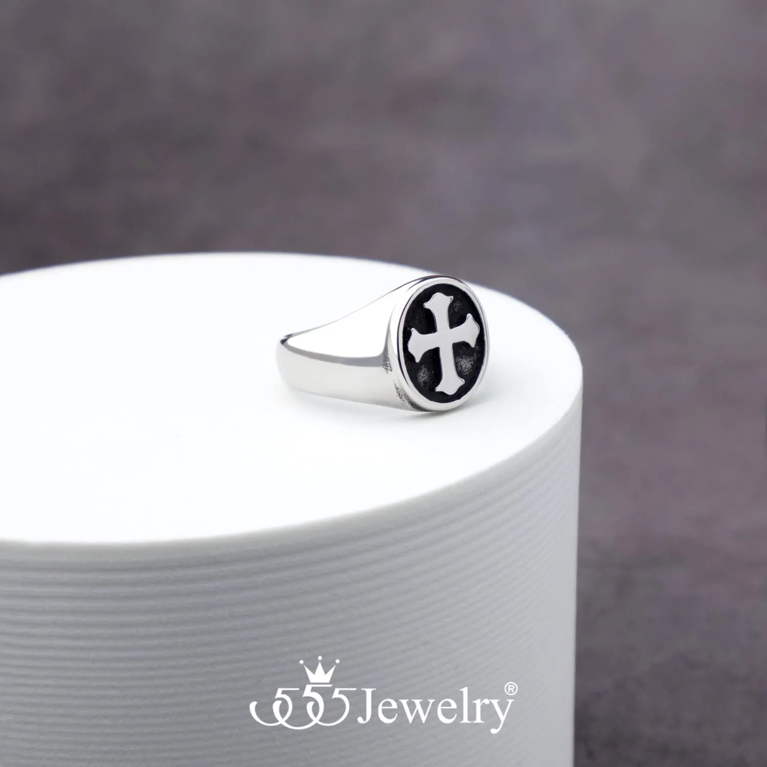 555Jewelry Stainless Steel Rings Men Holy Cross Ring for Men Black Enamel Mens Ring Christian Signet Rings for Men Pinky Thumb Religious Rings US Size 7-13