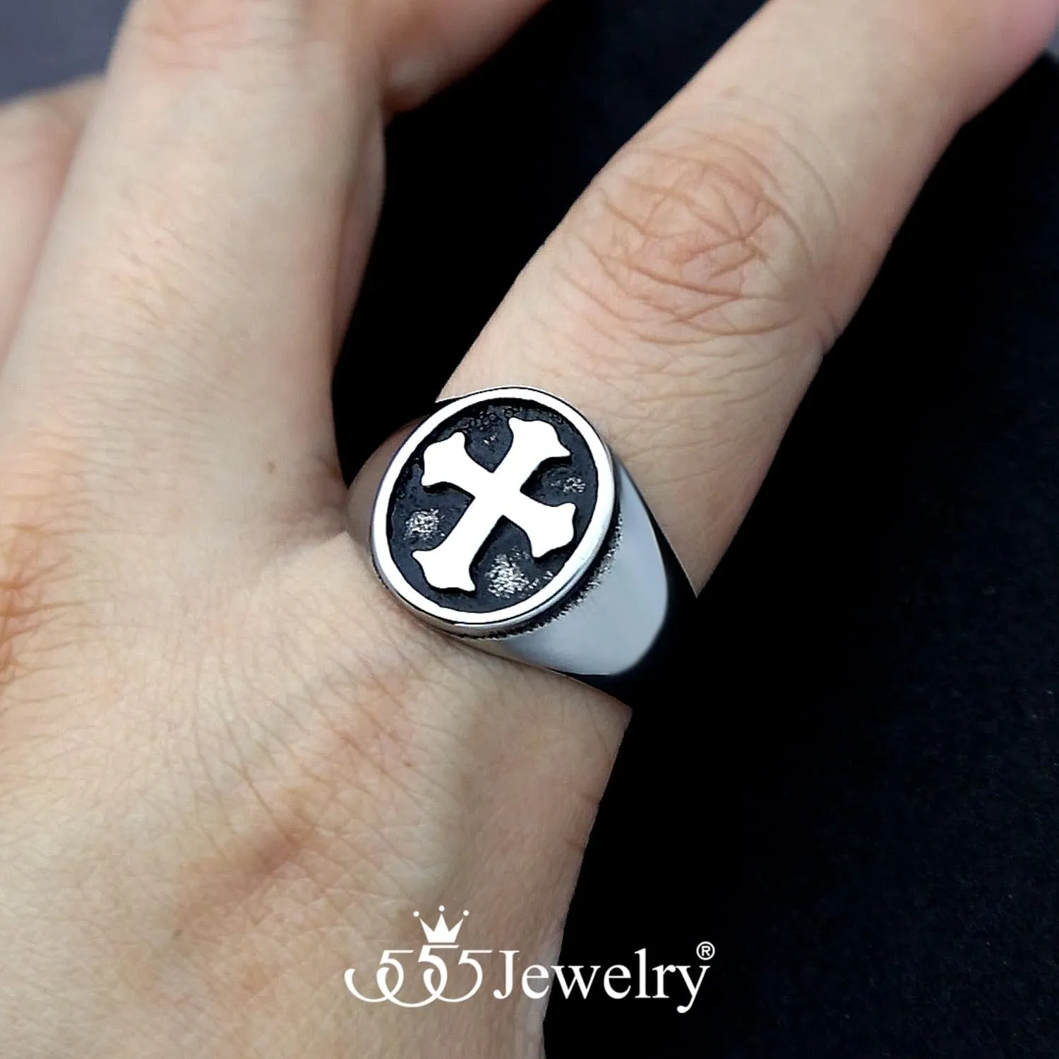 555Jewelry Stainless Steel Rings Men Holy Cross Ring for Men Black Enamel Mens Ring Christian Signet Rings for Men Pinky Thumb Religious Rings US Size 7-13