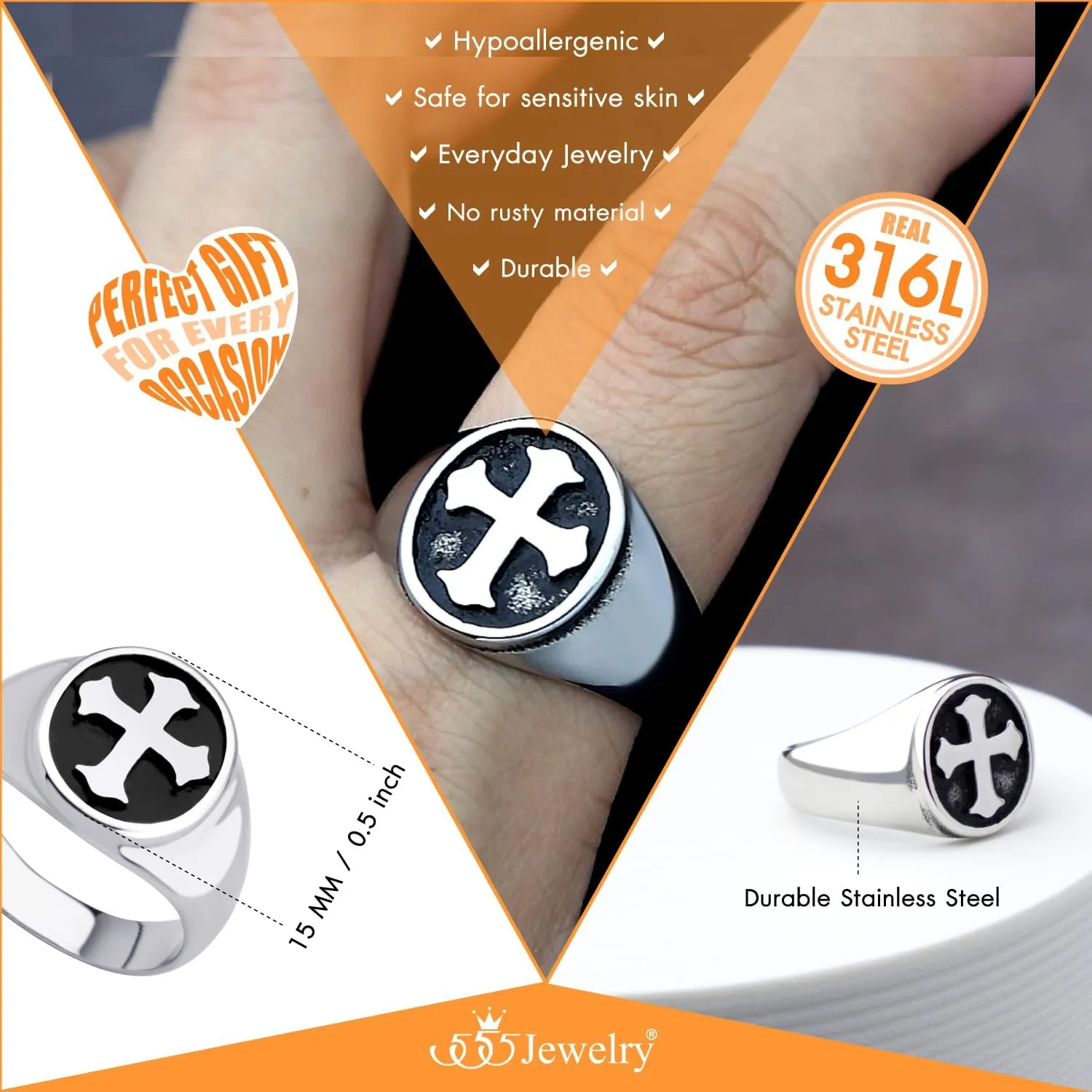 555Jewelry Stainless Steel Rings Men Holy Cross Ring for Men Black Enamel Mens Ring Christian Signet Rings for Men Pinky Thumb Religious Rings US Size 7-13