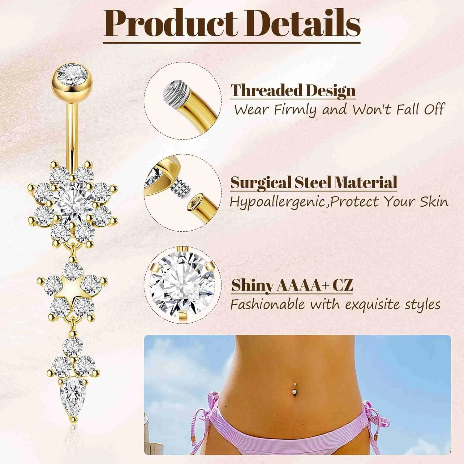 5PCS 14G Dangle Belly Button Rings for Women Surgical Steel Dangling Belly Rings Hypoallergenic CZ Flower Teardrop Butterfly Navel Rings Belly Piercing Jewelry 10/14mm