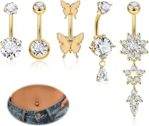 5PCS 14G Dangle Belly Button Rings for Women Surgical Steel Dangling Belly Rings Hypoallergenic CZ Flower Teardrop Butterfly Navel Rings Belly Piercing Jewelry 10/14mm