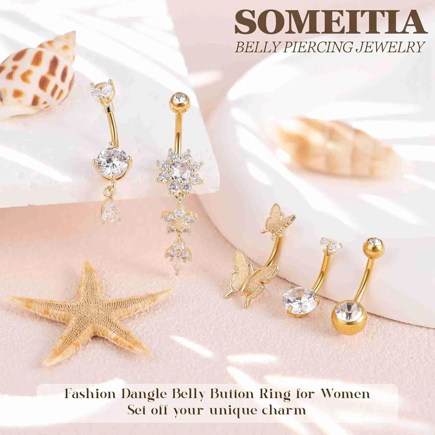 5PCS 14G Dangle Belly Button Rings for Women Surgical Steel Dangling Belly Rings Hypoallergenic CZ Flower Teardrop Butterfly Navel Rings Belly Piercing Jewelry 10/14mm