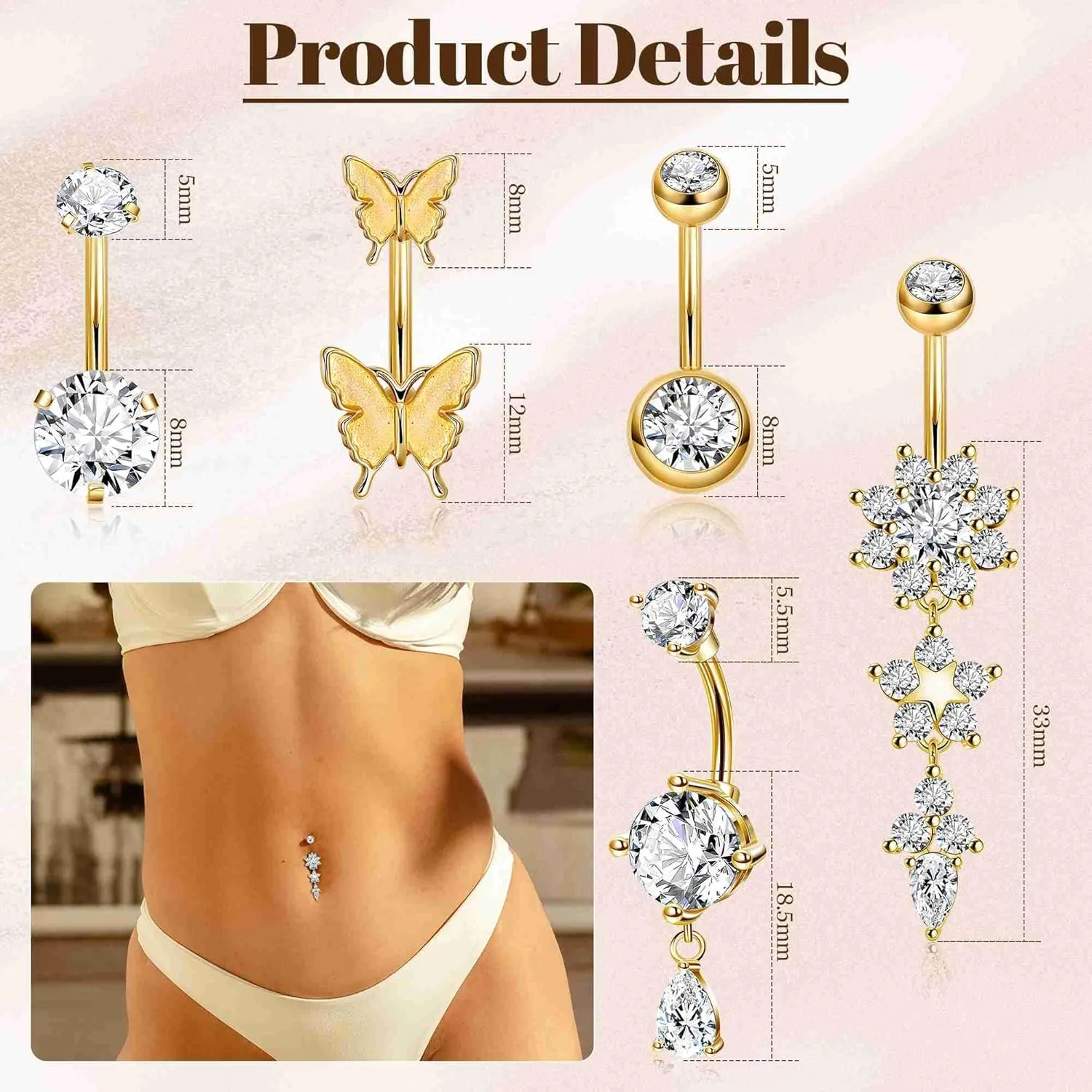 5PCS 14G Dangle Belly Button Rings for Women Surgical Steel Dangling Belly Rings Hypoallergenic CZ Flower Teardrop Butterfly Navel Rings Belly Piercing Jewelry 10/14mm