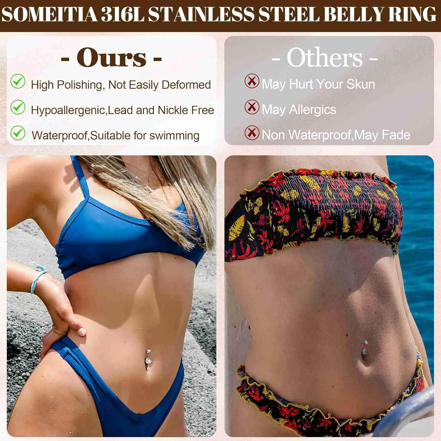 5PCS 14G Dangle Belly Button Rings for Women Surgical Steel Dangling Belly Rings Hypoallergenic CZ Flower Teardrop Butterfly Navel Rings Belly Piercing Jewelry 10/14mm