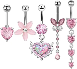 5Pcs 14G Stainless Steel Belly Button Rings for Women Pink CZ Butterfly Heart Flower Belly Navel Rings Belly Studs Barbell Body Piercing Jewelry
