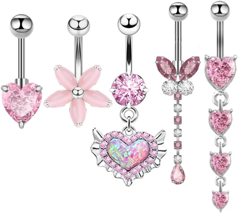 5Pcs 14G Stainless Steel Belly Button Rings for Women Pink CZ Butterfly Heart Flower Belly Navel Rings Belly Studs Barbell Body Piercing Jewelry