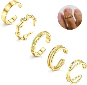 5Pcs 14K Gold Plated Toe Rings for Women Adjustable Toe Rings Non Tarnish Open Band Toe Rings Set Summer Beach Jewelry