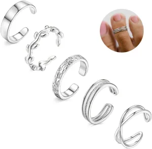 5Pcs 14K Gold Plated Toe Rings for Women Adjustable Toe Rings Non Tarnish Open Band Toe Rings Set Summer Beach Jewelry