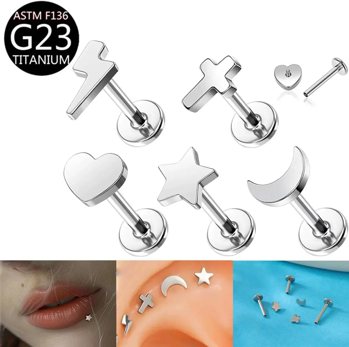 5Pcs 16G G23 Titanium Labret Monroe Lip Rings Small Heart Star Moon Cross Cartilage Earrings Studs Minimalist Conch Helix Tragus Piercing Jewelry 6/8/10mm