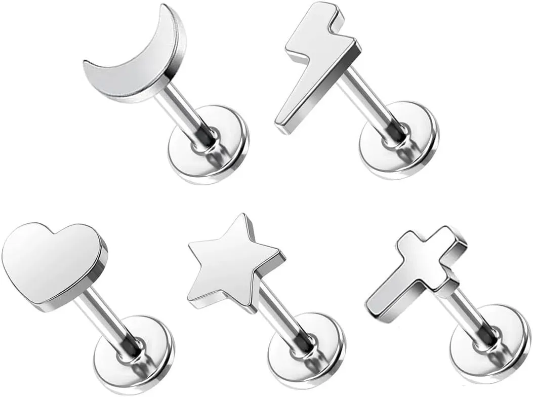 5Pcs 16G G23 Titanium Labret Monroe Lip Rings Small Heart Star Moon Cross Cartilage Earrings Studs Minimalist Conch Helix Tragus Piercing Jewelry 6/8/10mm