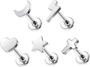 5Pcs 16G G23 Titanium Labret Monroe Lip Rings Small Heart Star Moon Cross Cartilage Earrings Studs Minimalist Conch Helix Tragus Piercing Jewelry 6/8/10mm