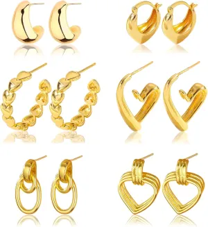 6 Pairs Hypoallergenic Hoop Earrings Set for Gift, Chunky 18K Gold Plated Huggie Earrings Lightweight Brass Jewelry Earrings for Women