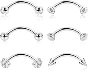 6Pcs 16G G23 Pure Titanium Eyebrow Rings for Women Men Daith Rook Earrings Eyebrow Studs Curved Barbell Tragus Rook Piercing Jewelry Snake Eyes Tongue Rings 6mm/8mm/10mm/12mm