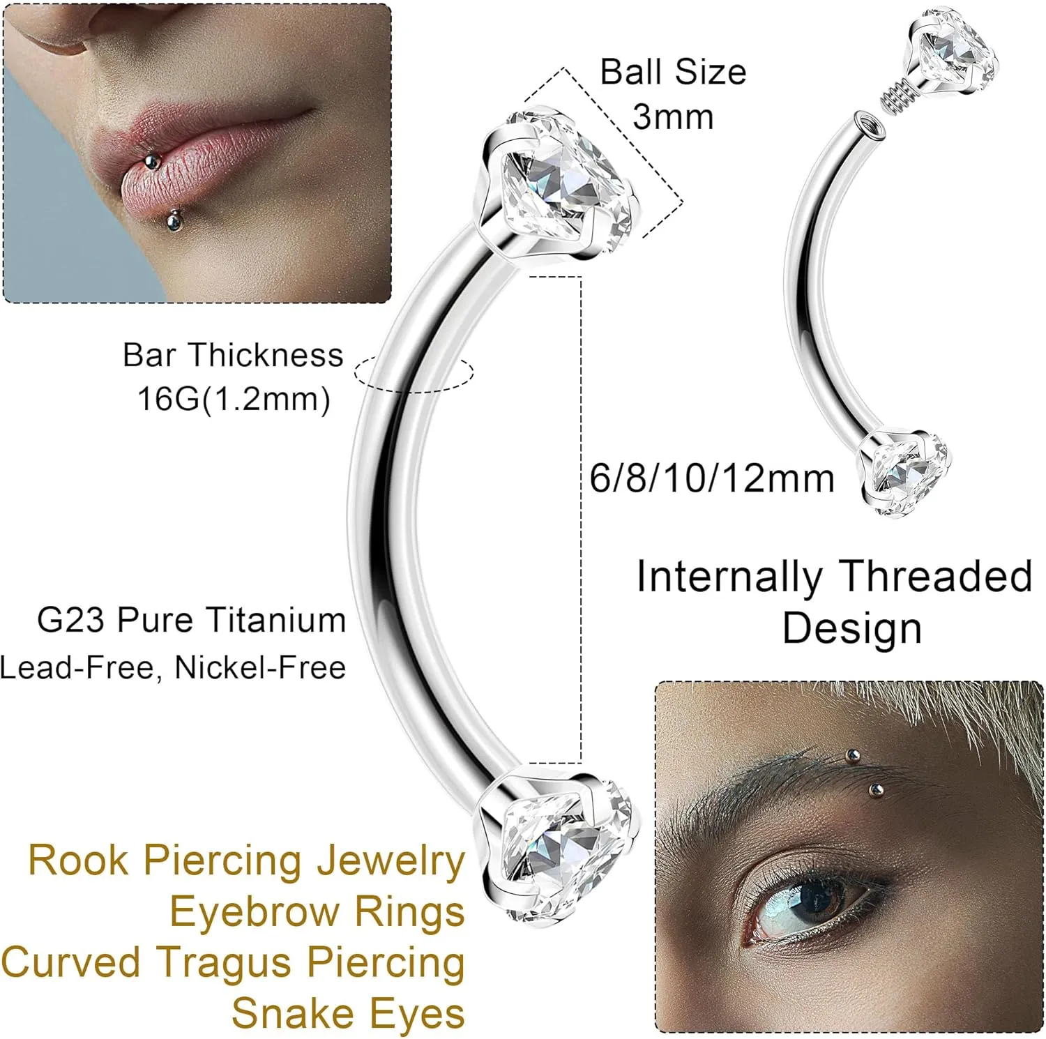6Pcs 16G G23 Pure Titanium Eyebrow Rings for Women Men Daith Rook Earrings Eyebrow Studs Curved Barbell Tragus Rook Piercing Jewelry Snake Eyes Tongue Rings 6mm/8mm/10mm/12mm
