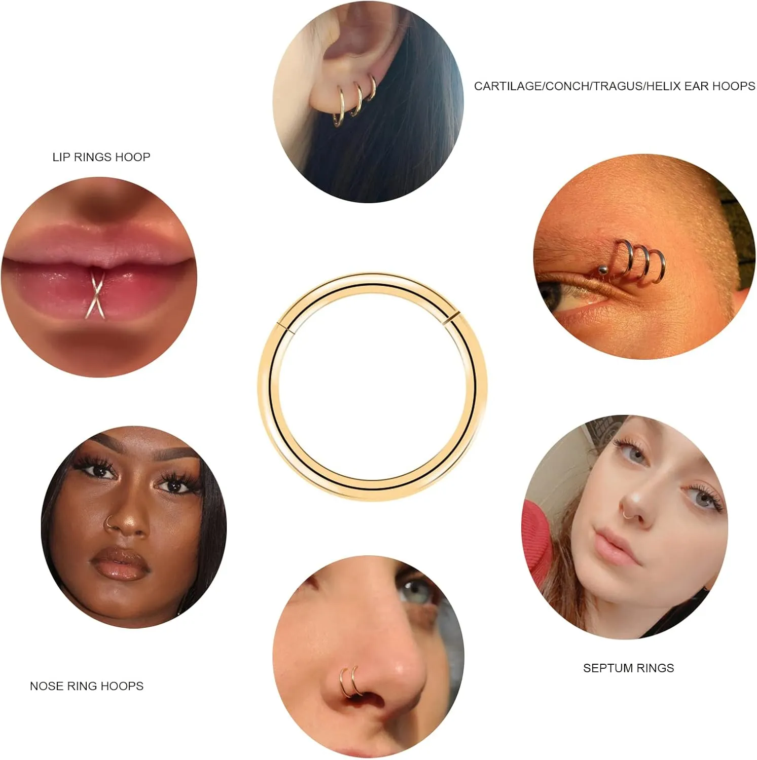 6pcs G23 Titanium Septum Rings 16G Diameter 6mm/8mm/10mm Hinged Nose Ring Hoops for Women Men Girls Cartilage Hoop Earrings Body Piercing Rings Black/Silver/Gold/Rose Gold Lip Rings